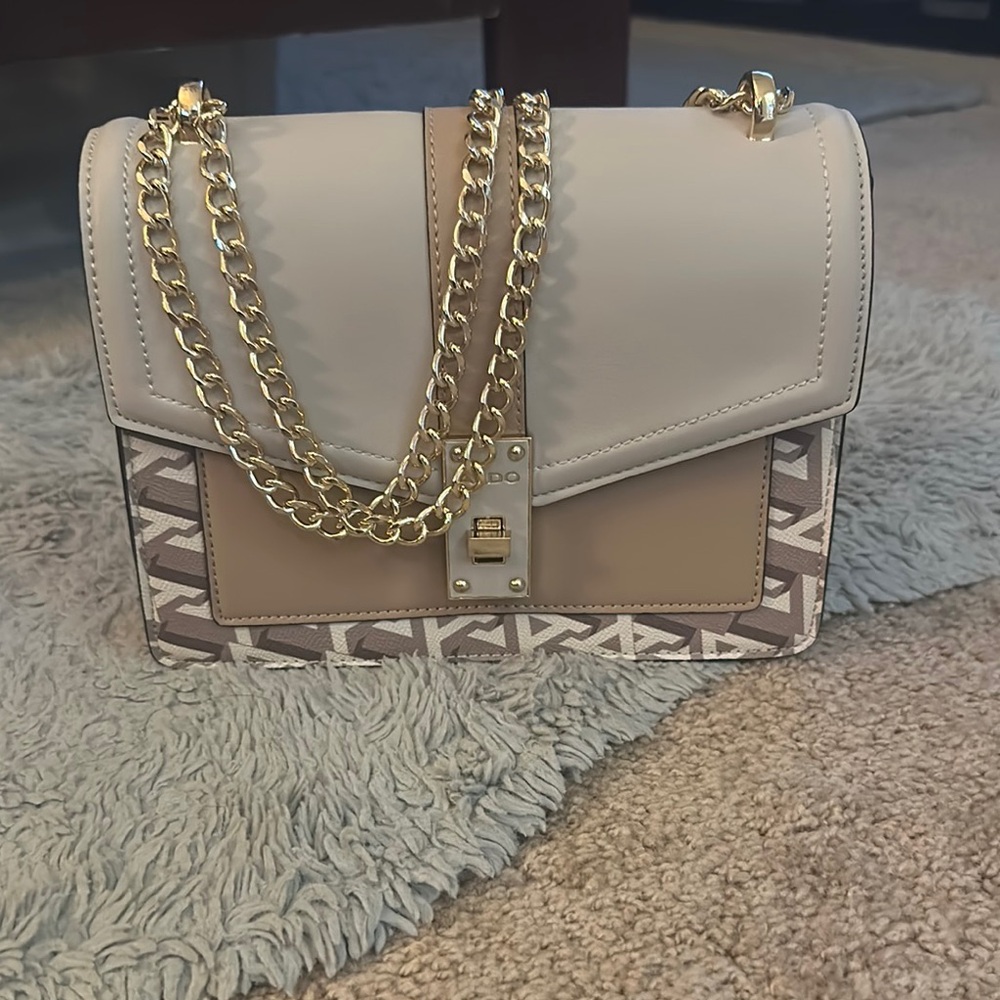 Tan and Cream Structured Shoulder Bag with Gold Chain